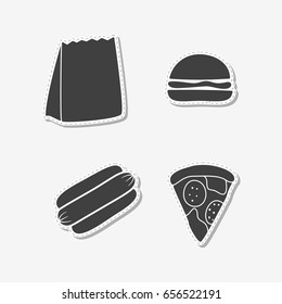Set of hand drawn stickers with takeaway bag, hot dog, burger and pizza slice. Templates for design or brand identity. Vector illustration