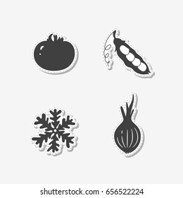 Set of hand drawn stickers with tomato, onion, pea and snowflake. Templates for design or brand identity. Vector illustration