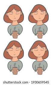 Set of hand drawn stickers in trendy pastel colors on white background, cute smiling girl with short red hair and round ear-rinks holding a huge mug of hot tea or coffee showing different emotions