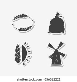 Set of hand drawn stickers with wind mill, wheat, sun and flour bag. Templates for design or brand identity. Vector illustration