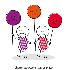 Set of hand drawn stickman holding funny emoticons. Vector