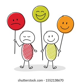 Set of hand drawn stickman holding funny emoticons. Vector