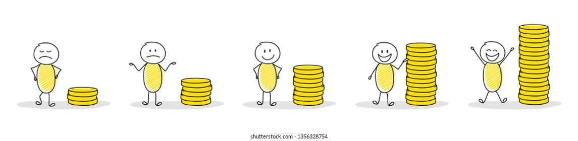 Set of hand drawn stickmen with coin stacks. Vector
