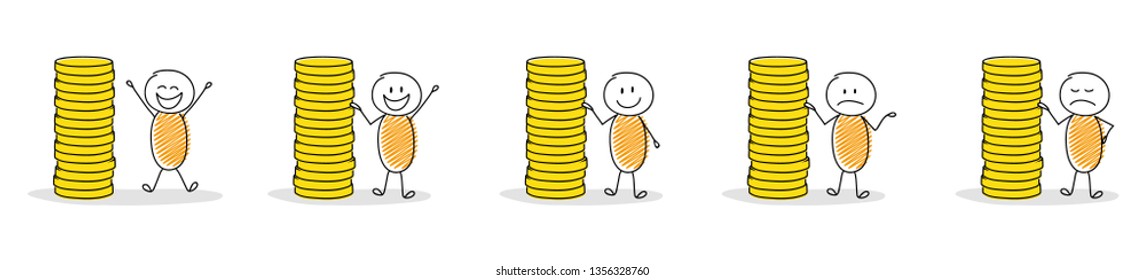 Set of hand drawn stickmen with coin stacks. Vector