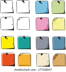 Set of hand drawn sticky notes, black and white, and colored