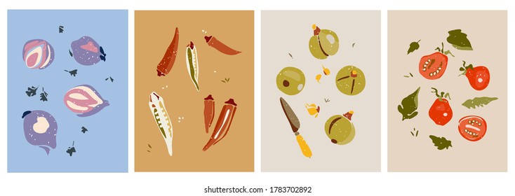 Set Of Hand Drawn Still Lifes Of Vegetables. Summer, Autumn Harvest. Minimalist Abstract Backgrounds With Pepper, Zucchini, Tomato, Garlic, Onion, Herbs, Leaves. Organic Natural Illustrations. 