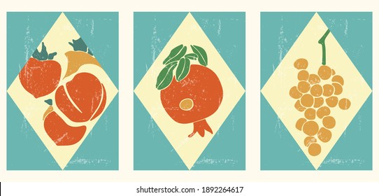 Un conjunto de dibujos a mano todavía se levanta con frutas. Verano, cosecha otoño. Fondos abstractos mínimos con uvas, persimón, granada. Ilustraciones naturales orgánicas. Afiches abstractos de época.