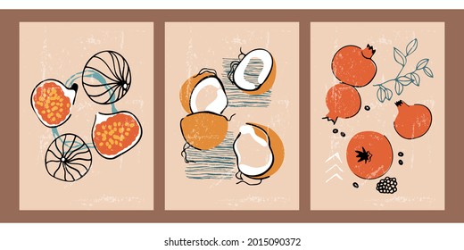 Set of hand drawn still lifes with fruits. Summer, autumn harvest. Minimalistic abstract backgrounds with figs, coconut, pomegranate. Organic natural illustrations. Vintage abstract posters.