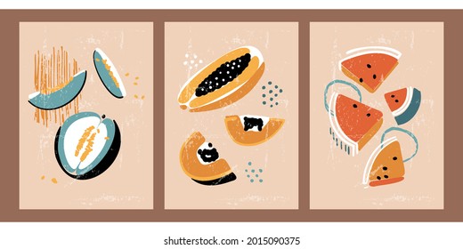 Handgezeichnete Stillleben mit Früchten. Sommer, Herbsternte. Minimalistische abstrakte Hintergründe mit Melone, Papaya, Wassermelone. Biologische Naturillustrationen. Abstrakte Vintage-Poster.