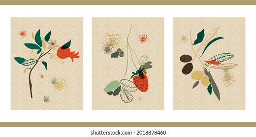 Set of hand drawn still lifes with fruits, berries. Summer, fall harvest. Minimalistic abstract background with pomegranate, strawberry, olives. Organic natural illustrations. Vintage abstract poster.