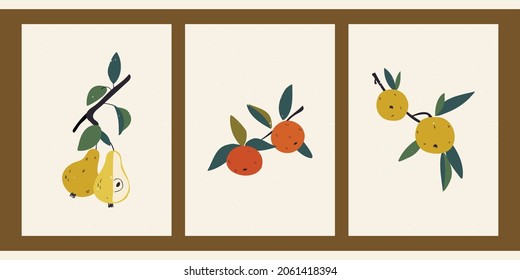 Set of hand drawn still lifes with fruits. Summer, autumn harvest. Minimalistic abstract backgrounds with pear, tangerine, apple. Organic natural illustrations. Vintage abstract posters.