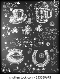 Set of hand - drawn St.Patrick day related objects - clovers, hat, beer, pot full of gold, horseshoe on chalkboard background.