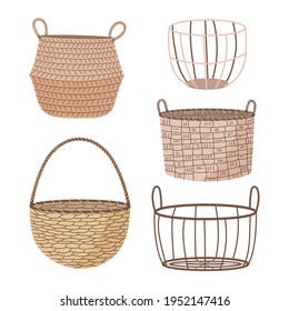 Set of hand drawn straw wicker baskets. Trendy empty baskets in doodle style. Straw baskets isolated on white background.