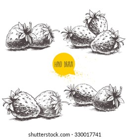 Set of hand drawn strawberries isolated on white background. Retro sketch style vector eco food illustration