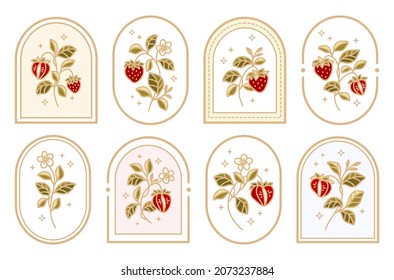 Set of hand drawn strawberry fruit vector logo illustration template design with leaf branch, frame, stars. Strawberry elements for symbol, food label, emblem, organic product stickers, DIY projects