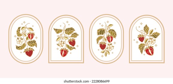 Set of hand drawn strawberry fruit vector logo illustration template design with leaf branch, frame, stars. Strawberry elements for symbol, food label, emblem, organic product stickers, DIY projects