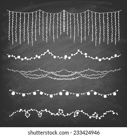 Set of hand drawn String Holiday or Christmas Lights on chalkboard background. Style Garland Lights. Vector illustration.