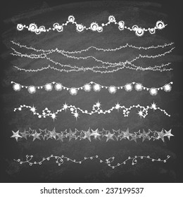 Set of hand drawn String Holiday or Christmas Lights on chalkboard background. Style Garland Lights. Vector illustration.