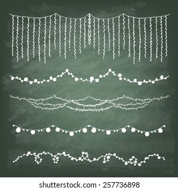 Set of hand drawn String Holiday or Christmas Lights on the green blackboard background. Style Garland Lights. Vector illustration.