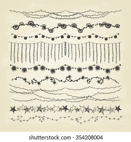 Set Of Hand Drawn String Holiday Or Christmas Lights Background. Garland Lights. Vector Illustration.