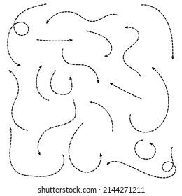 Juego de trazos dibujados a mano con flechas punteadas en estilo doodle. Ilustración del vector aislada en fondo blanco