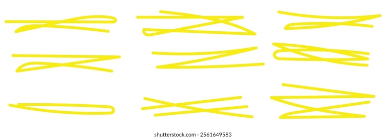 Set of hand drawn strokes highlighter on white background. Red underline drawn with red, black, yellow marker pen, design element. Design eps 10