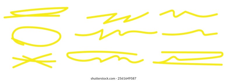 Set of hand drawn strokes highlighter on white background. Red underline drawn with red, black, yellow marker pen, design element. Design eps 10
