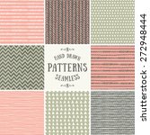A set of hand drawn style abstract seamless patterns. Tiling repeat backgrounds collection in pastel pink, green and brown.