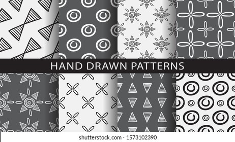 A set of hand drawn style abstract seamless repeat patterns