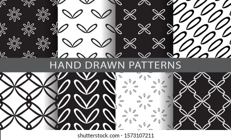 A set of hand drawn style abstract seamless repeat patterns
