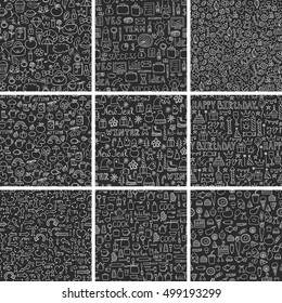Set of hand drawn style abstract seamless repeat patterns