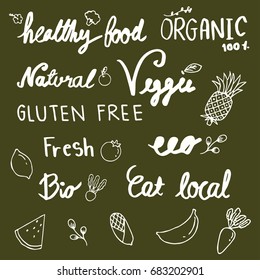 Set of hand drawn style badges and elements for organic food and drink, natural products,Vector illustrations.