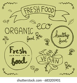 Set of hand drawn style badges and elements for organic food and drink, natural products,Vector illustrations.