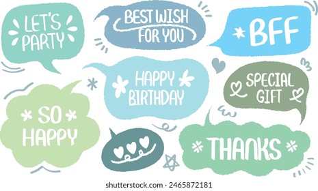 Set of hand drawn style birthday cute memo sticker. Variety abstract shapes of blue speech bubble. Quote color frames blank with crayon draw. Chat box balloon cloud. Party, Happy, Gift, Wish, BFF