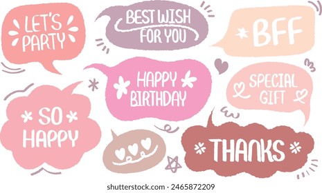 Set of hand drawn style birthday cute memo sticker. Variety abstract shapes of pink speech bubble. Quote color frames blank with crayon draw. Chat box balloon cloud. Party, Happy, Gift, Wish, BFF