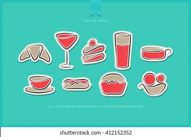 set of hand drawn style breakfast stickers over blue paper background. vector morning food and drink labels design. cafe and restaurant menu tags. bakery logo design