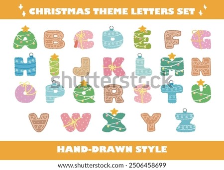Set of hand drawn style Christmas decorative typography letters. Winter atmosphere. Versatile Collection of Santa Claus Alphabet. Uppercase letters. Merry Christmas. Christmas Alphabet.