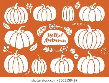 Set of hand drawn style colorful various pumpkins and autumn leaves  pattern vector. Fall vector elements set. Autumn cartoon style lettering hello autumn season handwritten slogan. Cozy fall. Acorns