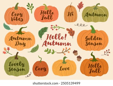 Set of hand drawn style colorful various pumpkins and autumn leaves  pattern with words about Autumn. Cozy vibe Fall Golden season.Cute pumpkin and leave, acorns in warm natural fall colors. Halloween