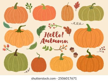 Set of hand drawn style colorful various pumpkins and autumn leaves  pattern vector. Fall vector elements set. Autumn cartoon style lettering hello autumn season handwritten slogan. Cozy fall. Acorns