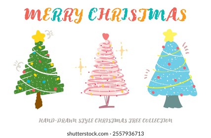 Set of hand drawn style colorful Christmas tree with star ball heart decoration vector. Crayon drawing cute X'mas trees decor. Collection of New year holiday tree element. Merry Christmas winter tree