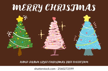 Set of hand drawn style colorful Christmas tree with star ball heart decoration vector. Crayon drawing cute X'mas trees decor. Collection of New year holiday tree element. Merry Christmas winter tree