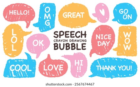 Set of hand drawn style colorful speech bubble with short message. Crayon drawing cartoon style memo chat balloon. Childish label tag vector. Pencil cute memo sticker. Great Nice Hello Love Thank Go