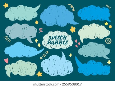 Set of hand drawn style crayon writing cute memo sticker. Variety abstract shapes of blue speech bubble. Retro style frame with wax doodle brush drawing. Grunge dot chat box balloon cloud label.