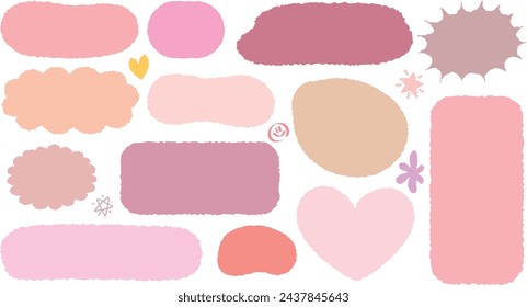 Set of hand drawn style cute memo sticker. Variety abstract shapes of pink speech bubble. Girl style frame with crayon draw. Chat box balloon cloud. Sweet retro label tag collection vector for text  