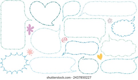Conjunto de pegatina de memo lindo de estilo dibujado a mano. Variedad de formas abstractas de la burbuja de la línea de puntos azul del discurso. Nube de globos de cuadro de chat. Dulce vector de etiqueta de etiqueta retro para texto