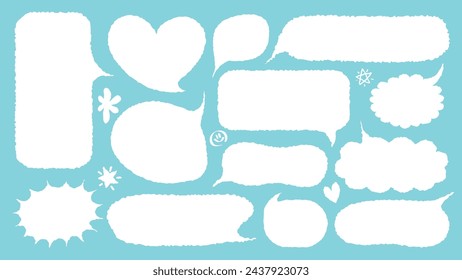 Set of hand drawn style cute memo sticker with blue background. Variety abstract shapes of white speech bubble. Crayon draw style frame . Chat box balloon cloud.Retro blank label tag vector for text