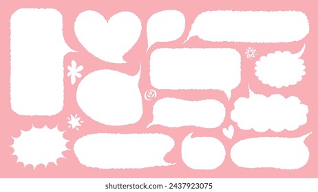 Set of hand drawn style cute memo sticker with pink background. Variety abstract shapes of white speech bubble. Crayon draw style frame . Chat box balloon cloud. Retro blank label tag vector for text