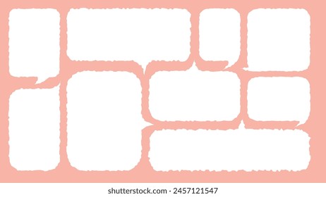 Conjunto de pegatina de memo lindo dibujado a mano con fondo rosa. Variedad Formas abstractas de la burbuja de habla blanca. Marco de estilo de dibujo de crayón . Nube de globos de cuadro de chat. Vector de etiqueta retro en blanco para texto
