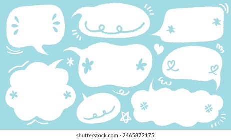 Set of hand drawn style cute memo sticker. Variety abstract shapes of blue speech bubble. quote color frames blank with crayon draw. Chat box balloon cloud. Label tag collection vector for text